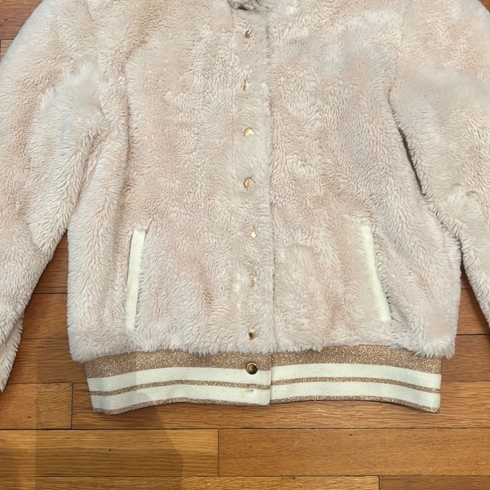 Beach Riot Baseball Stripe Faux Fur Bomber Jacket, size Large